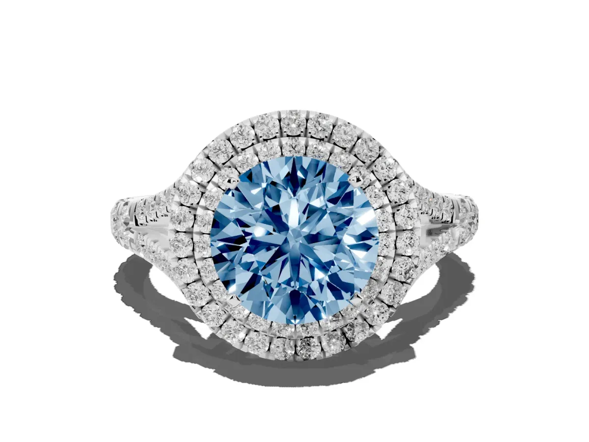 Fancy Blue Double Halo Round Cut Diamond Split Shank Engagement Ring with Four-Prong Setting Platinum