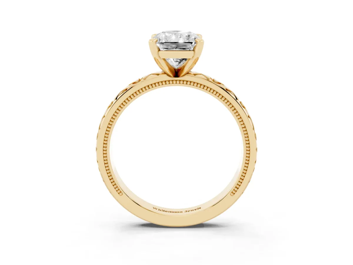 Radiant Cut Solitaire Diamond Engagement Ring with XO Engraved Band and Four-Prong Setting Yellow gold