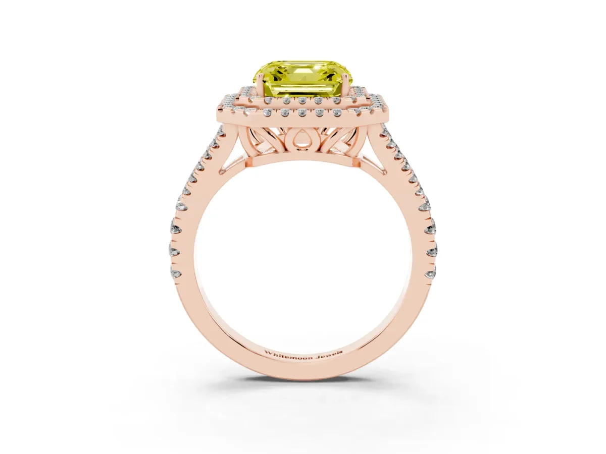 Fancy Yellow Asscher Cut Diamond Double Halo Ring with Pavé Band and Prong Setting Rose gold