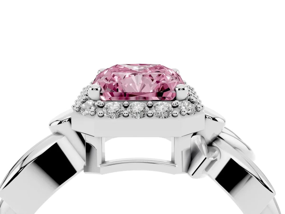 Fancy Pink Radiant Cut Halo Diamond Floral Band with Four-Prong Setting Platinum