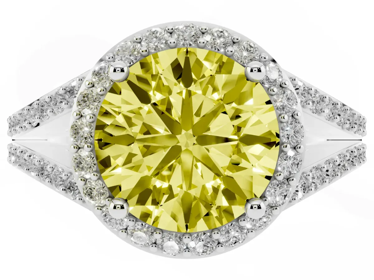 Fancy Yellow Round Cut Halo Split Shank Diamond Ring with Prong Setting Silver