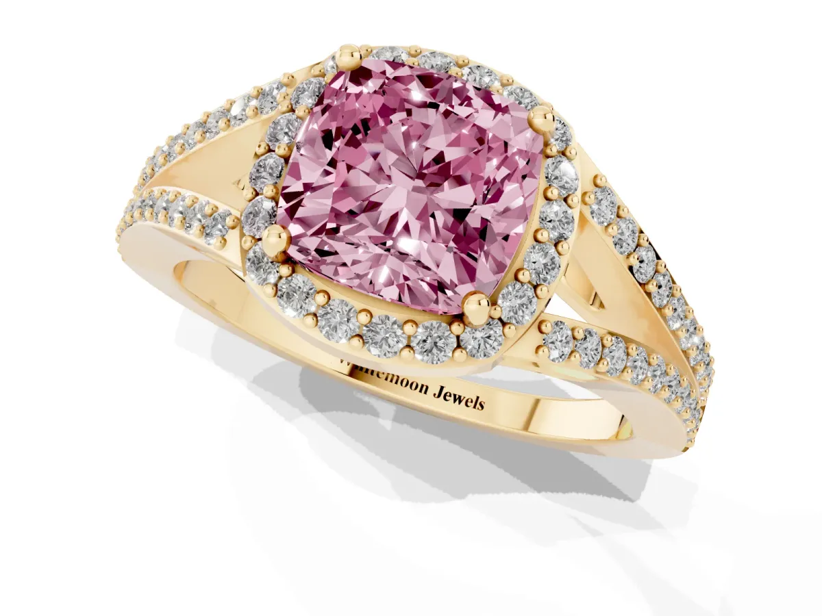 Fancy Pink Cushion Cut Halo Split Shank Diamond Ring with Prong Setting Yellow gold