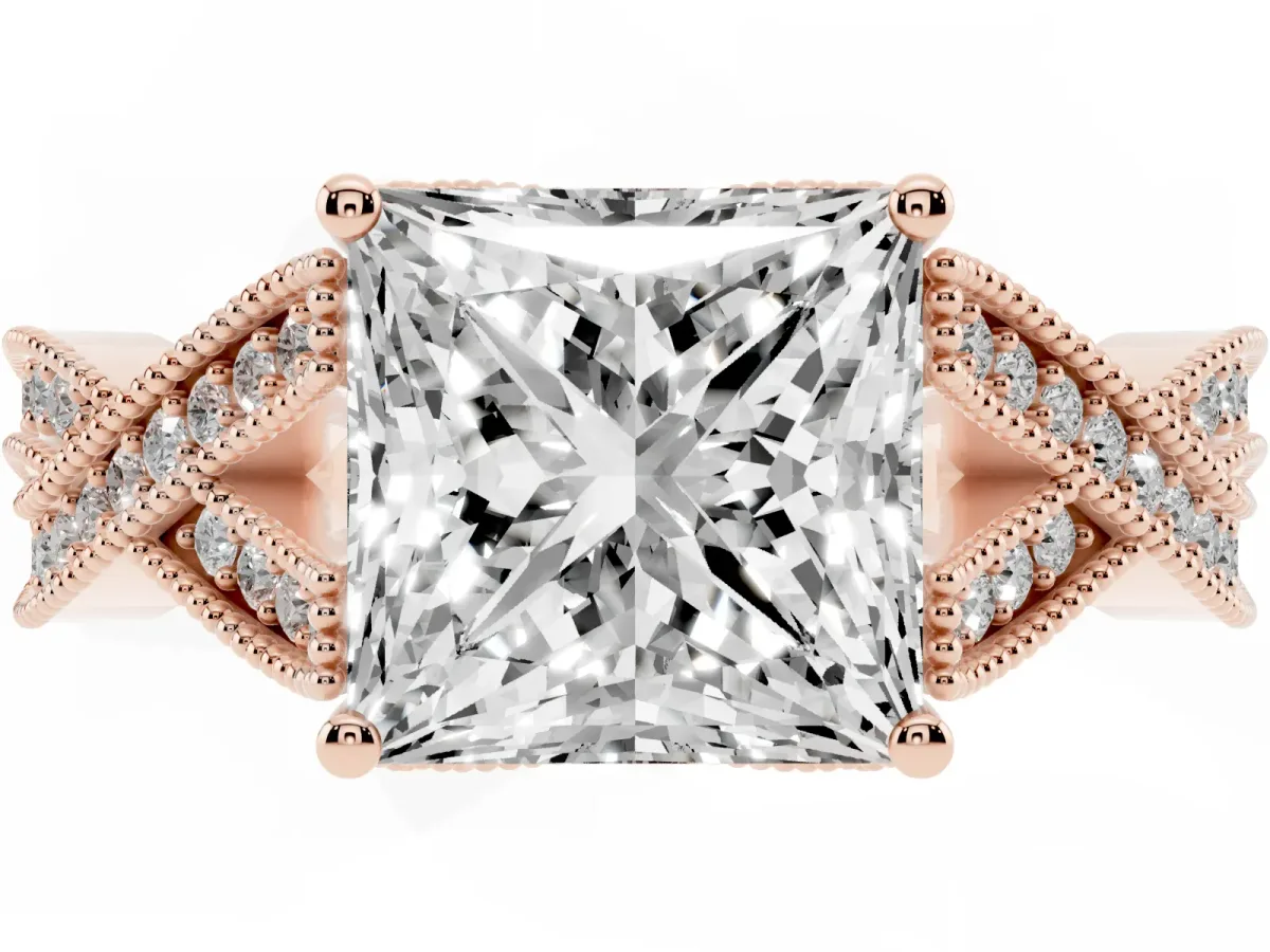 Princess Cut Cut Diamond Twisted Band with Milgrain Pave Setting and Four-Prong Setting Rose gold