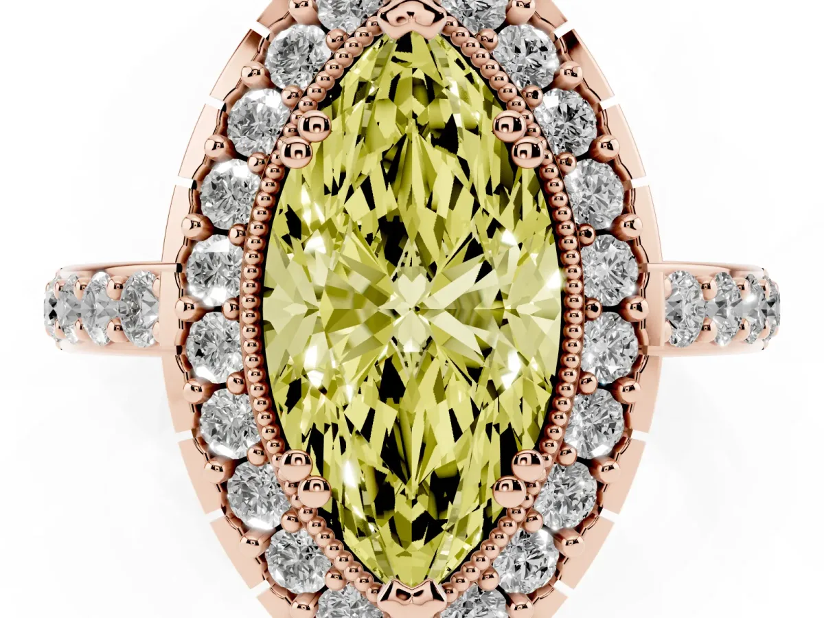 Fancy Yellow Marquise Cut Diamond Halo Ring with Pavé Band and Prong Setting Rose gold