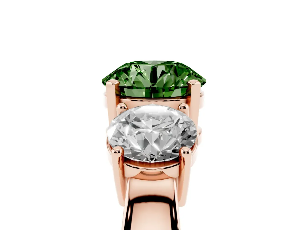 Fancy Green Three-Stone Round Cut Diamond Ring with Round Side Stones, Classic Band, and Four-Prong Setting Rose gold