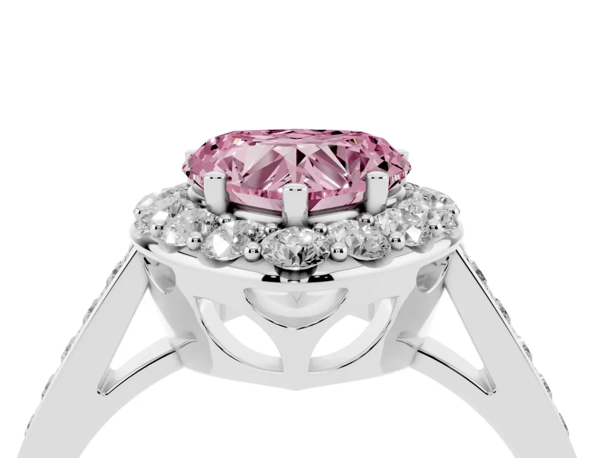 Fancy Pink Heart Cut Diamond Floral Halo Ring with Pavé Band and Prong Setting White gold