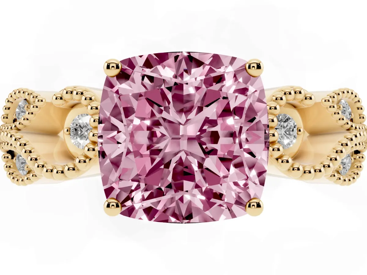 Fancy Pink Cushion Cut Solitaire Milgrain Leaf Band with Prong Setting Yellow gold
