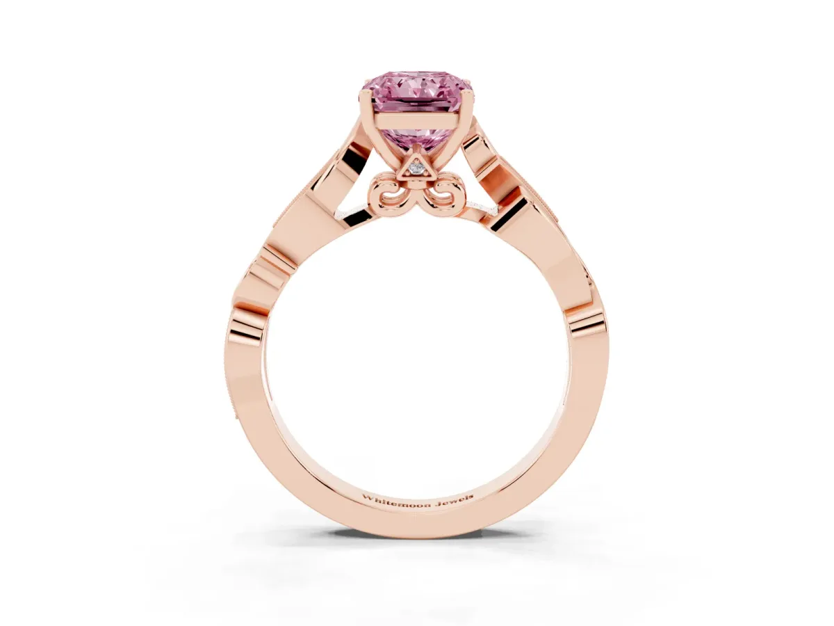 Fancy Pink Radiant Cut Solitaire Vine Band with Milgrain Prong Setting Rose gold