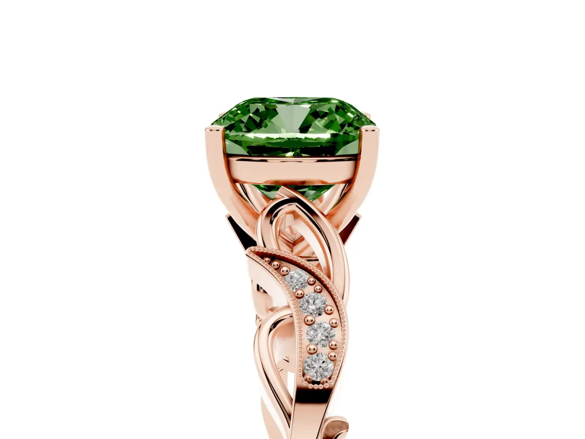Fancy Green Cushion Cut Solitaire Vine Band with Milgrain Prong Setting Rose gold