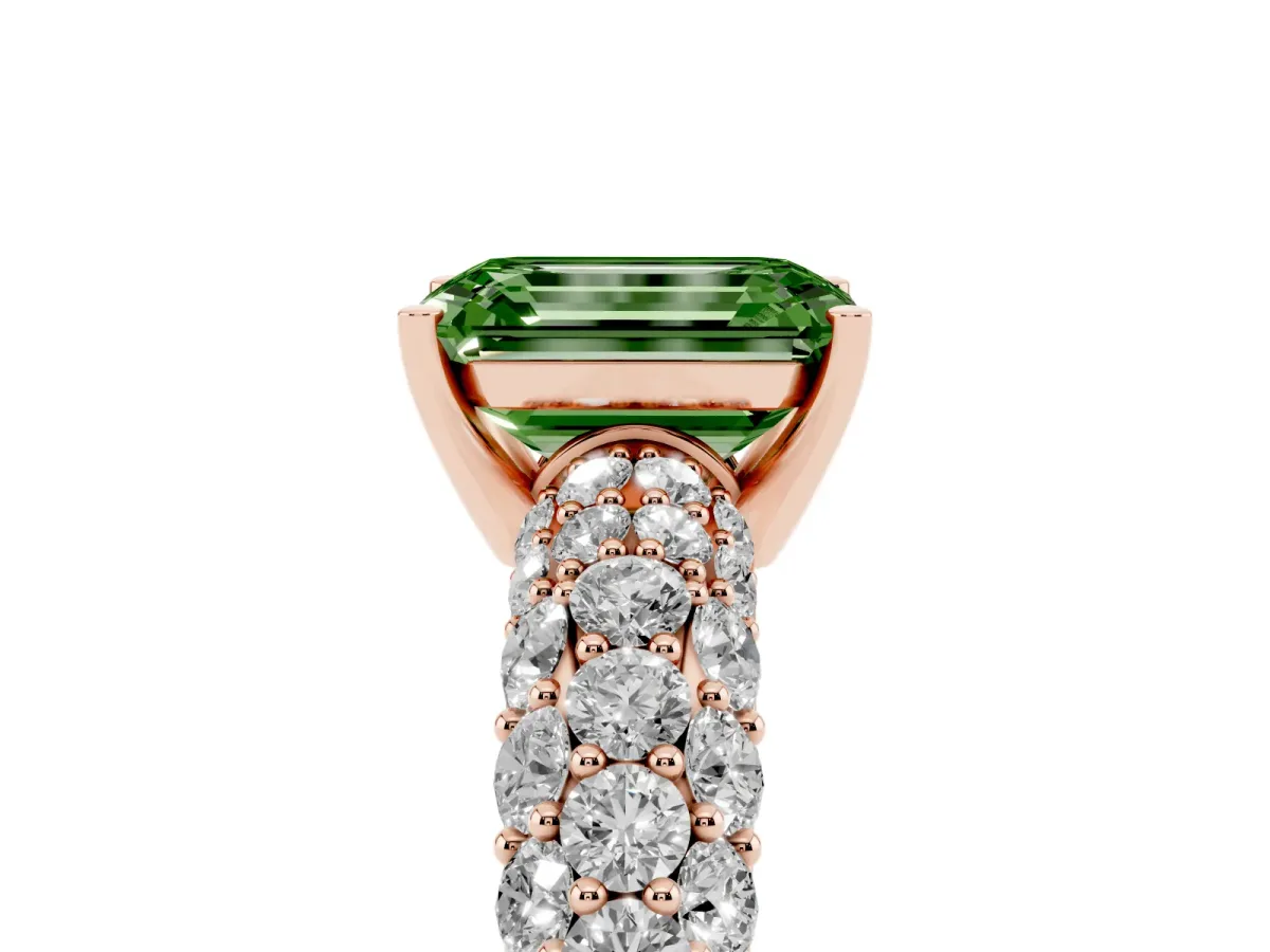 Fancy Green Emerald Cut Diamond Pavé Band Solitaire Ring with Four-Prong Setting Rose gold