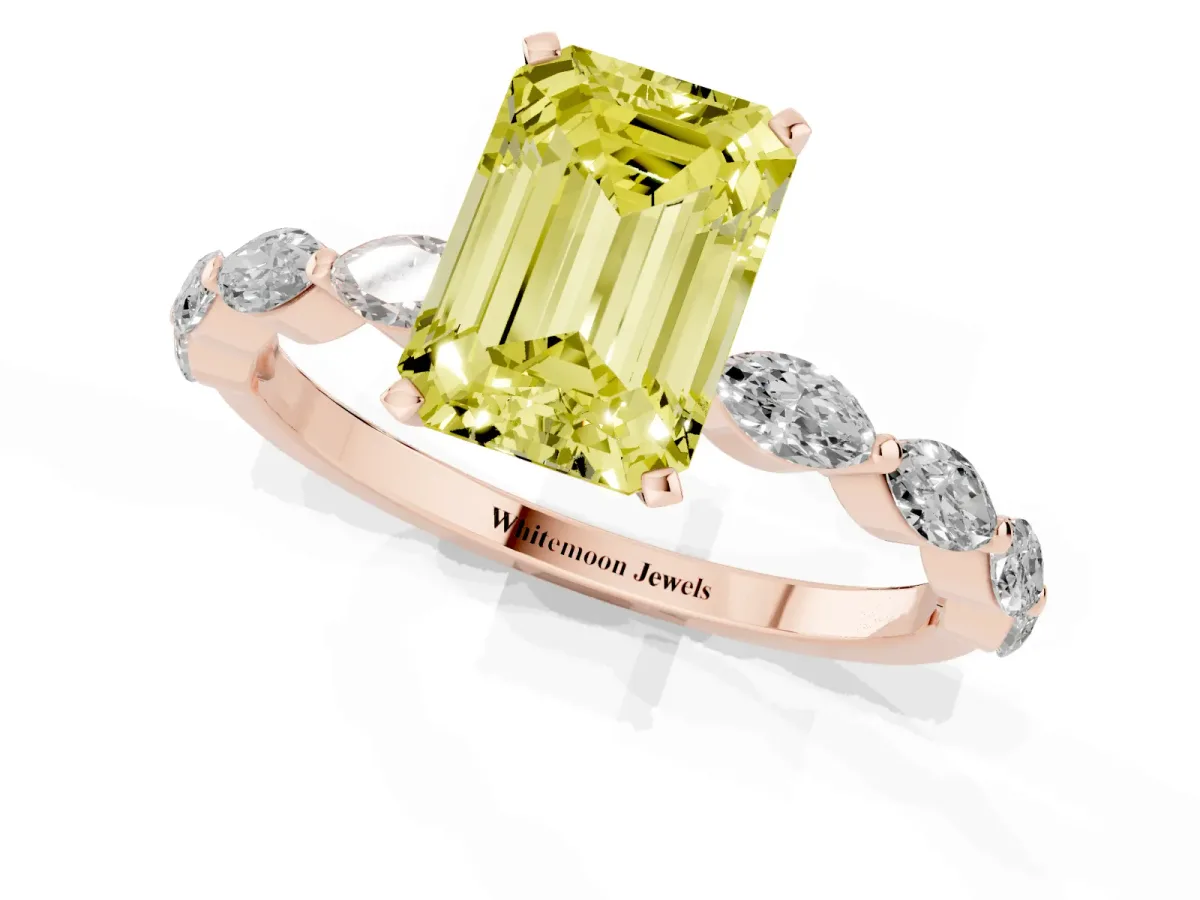 Fancy Yellow Emerald Cut Diamond Ring with Marquise Side Stones and Prong Setting Rose gold