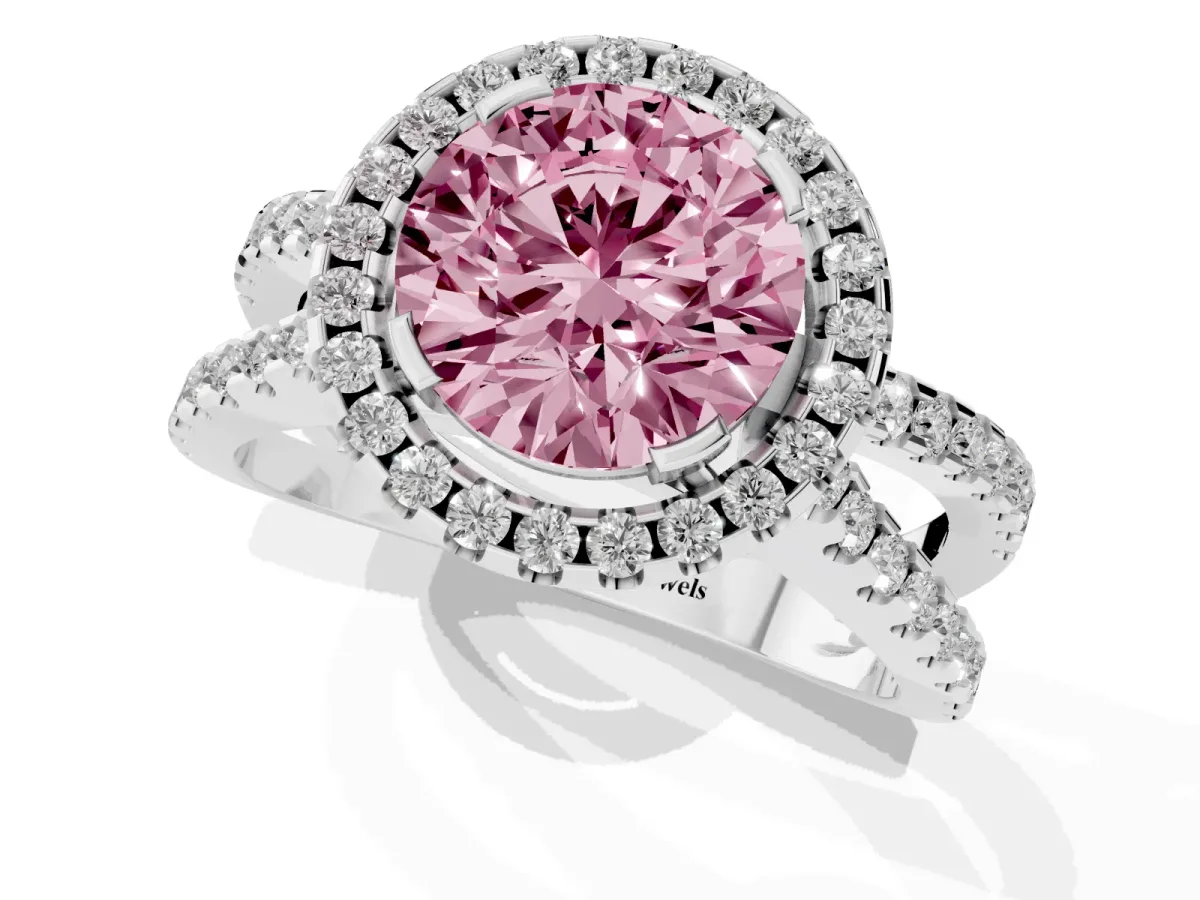 Fancy Pink Round Cut Diamond Halo Ring with Split Shank Pavé Band and Prong Setting Silver