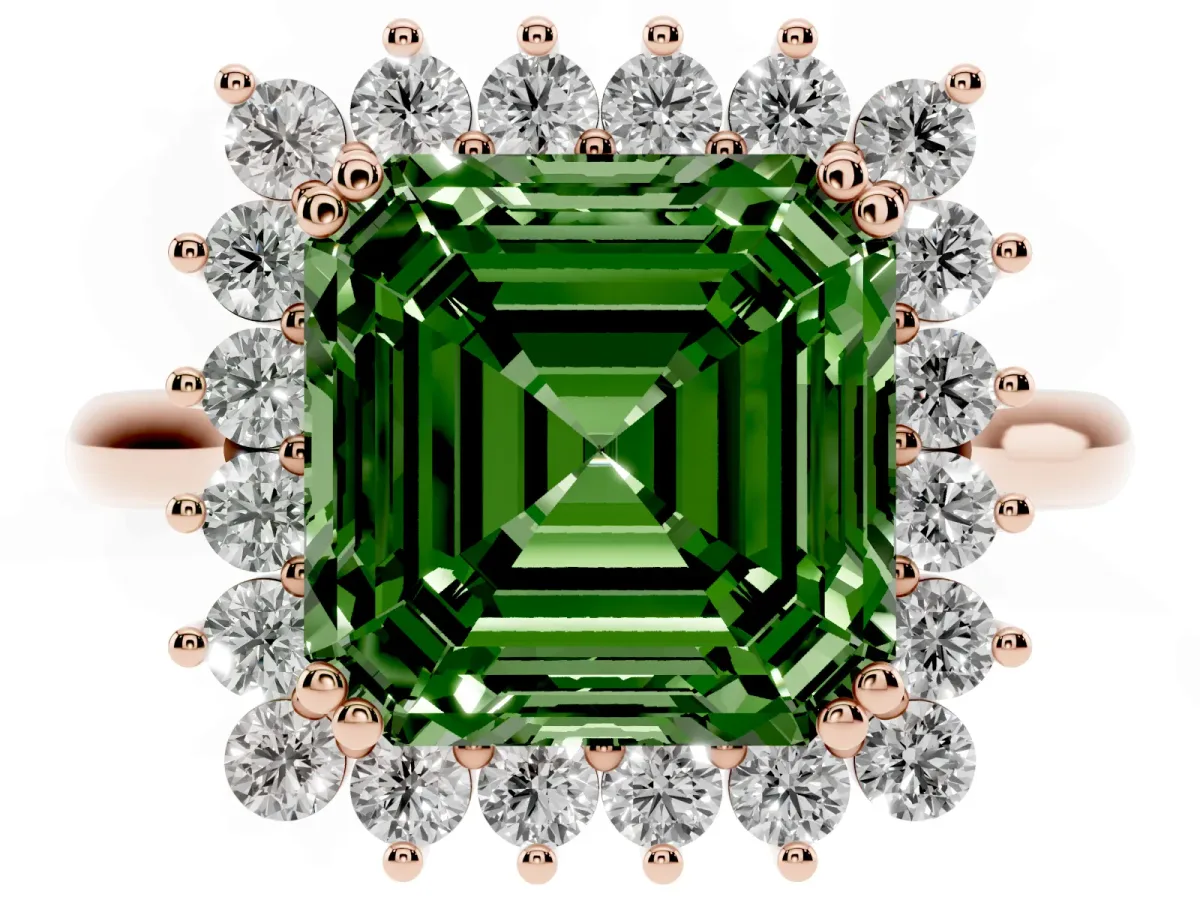 Fancy Green Asscher Cut Cut Diamond Halo Ring with Solitaire Band and Prong Setting Rose gold