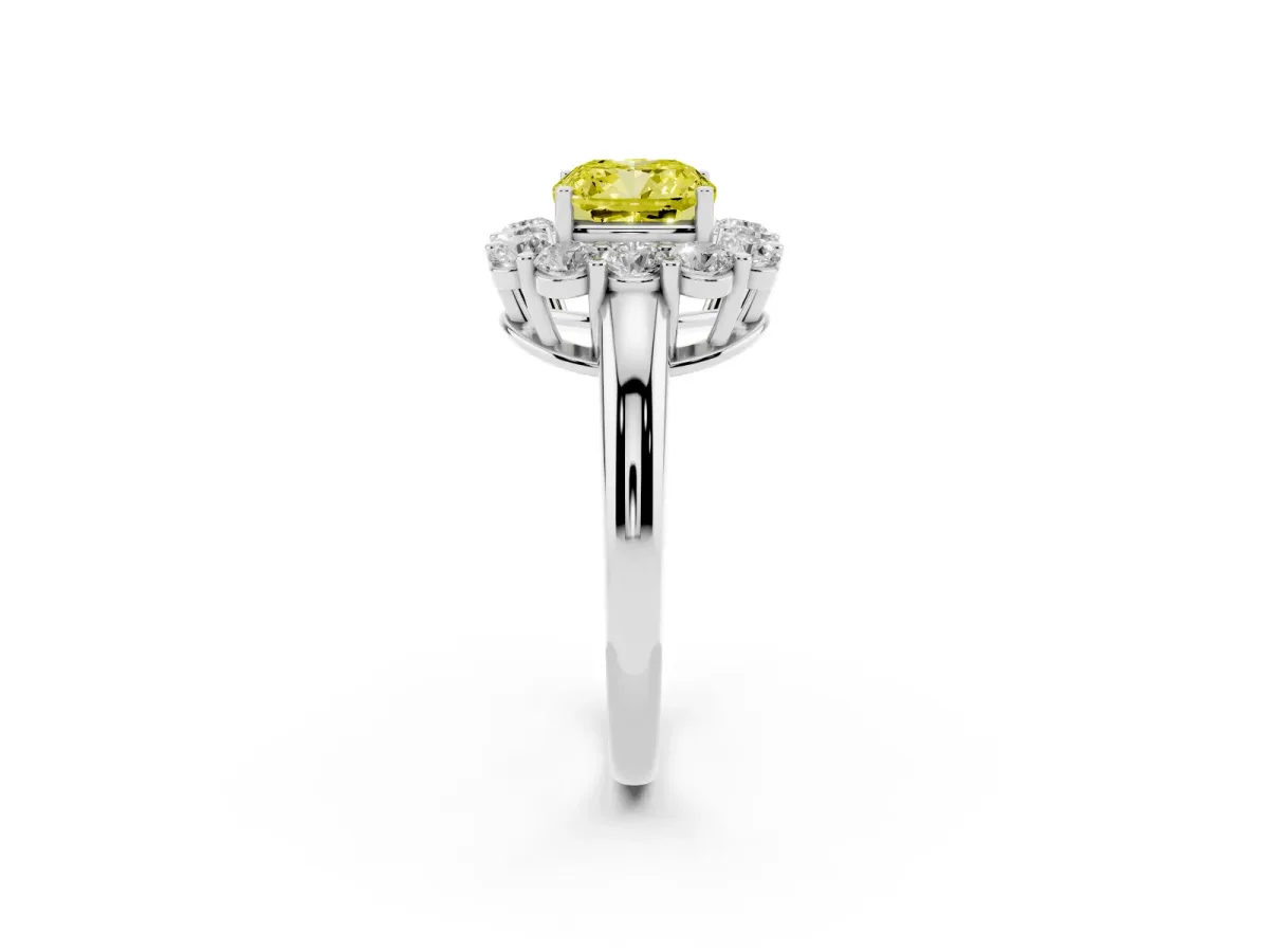Fancy Yellow Cushion Cut Halo Cluster Diamond Engagement Ring with Prong Setting and Polished Band Silver