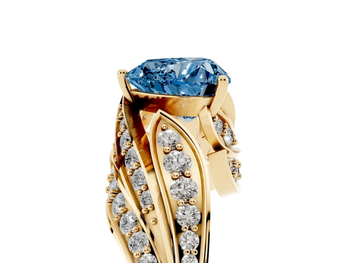 Fancy Blue Heart Cut Diamond Solitaire Ring with Prong Setting and Twisted Pavé Band Yellow gold