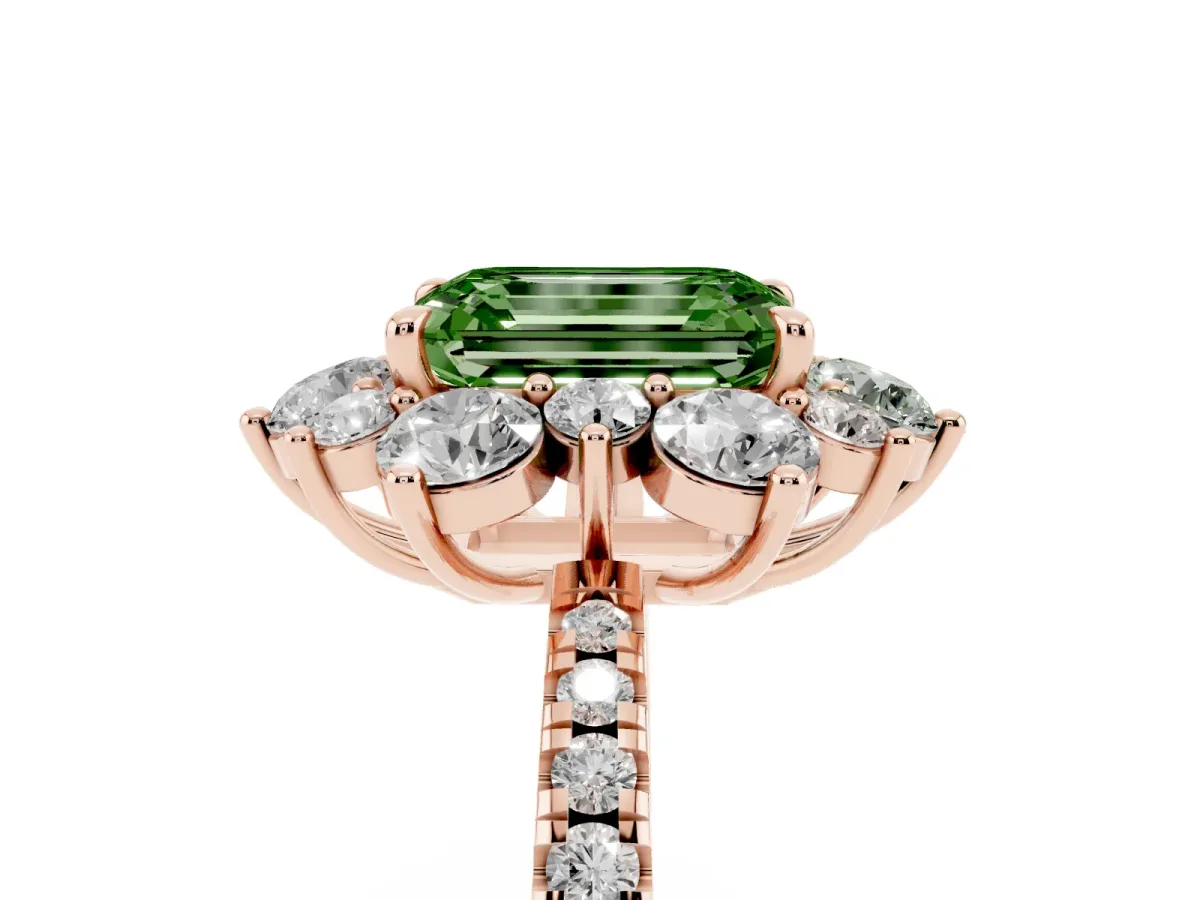 Fancy Green Emerald Cut Diamond Floral Halo Ring with Round Pavé Band and Prong Setting Rose gold