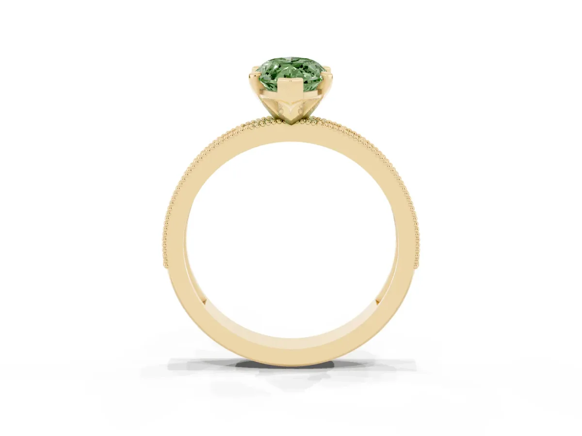 Fancy Green Marquise Cut Diamond Milgrain Pavé Engagement Ring with Four-Prong Setting Yellow gold