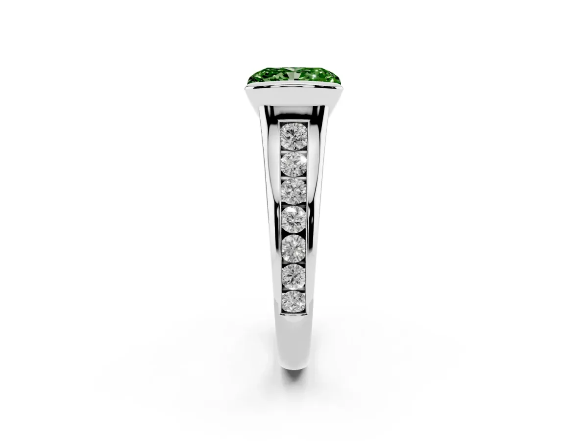Fancy Green Radiant Cut Solitaire Bezel-Set Diamond Ring with Channel-Set Band Silver