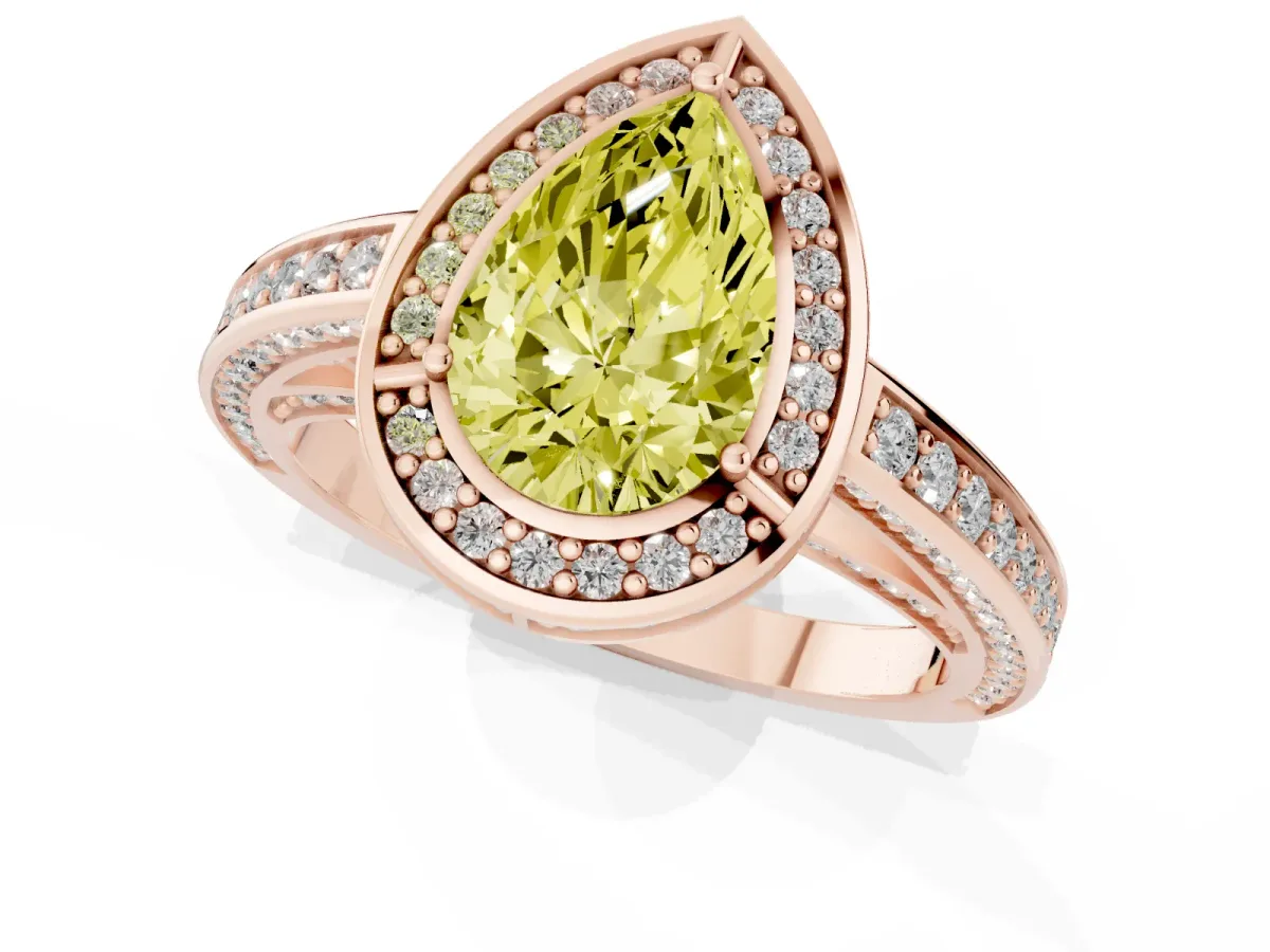 Fancy Yellow Pear Cut Cut Halo Pave Split Shank Prong Setting Ring Rose gold