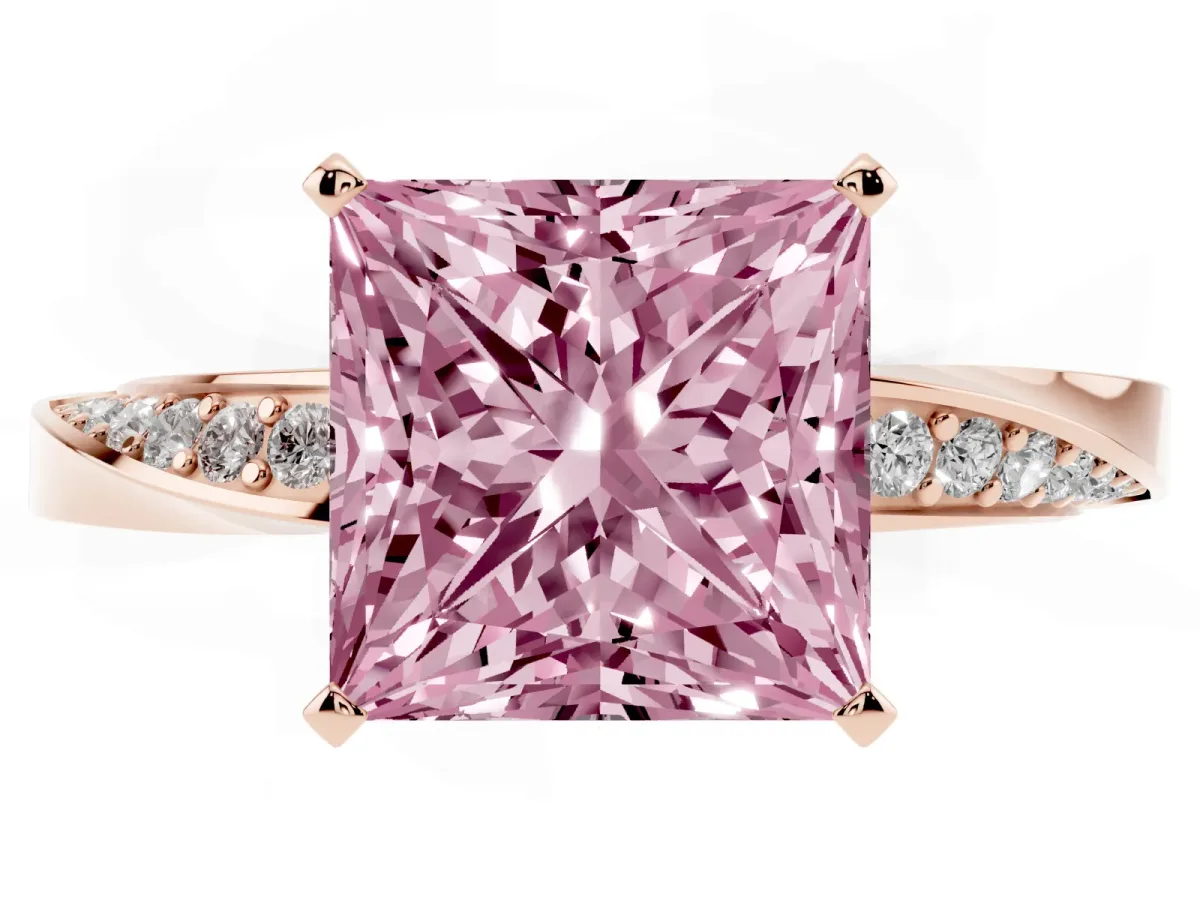 Fancy Pink Princess Cut Diamond Engagement Ring with Side Stone Accents and Four-Prong Setting Rose gold