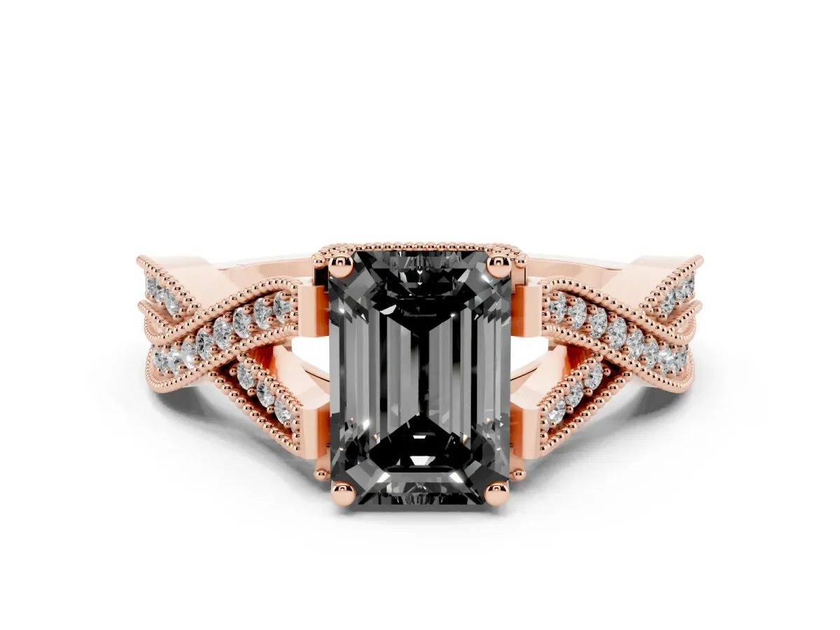 Fancy Black Emerald Cut Cut Diamond Twisted Band with Milgrain Pave Setting and Four-Prong Setting Rose gold