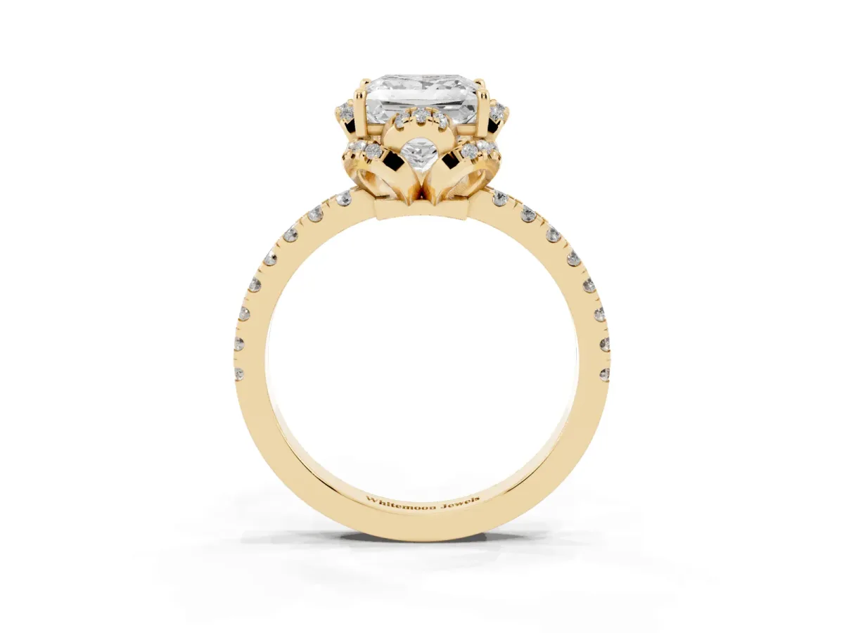 Princess Cut Diamond Halo Pave Band with Four-Prong Setting Yellow gold