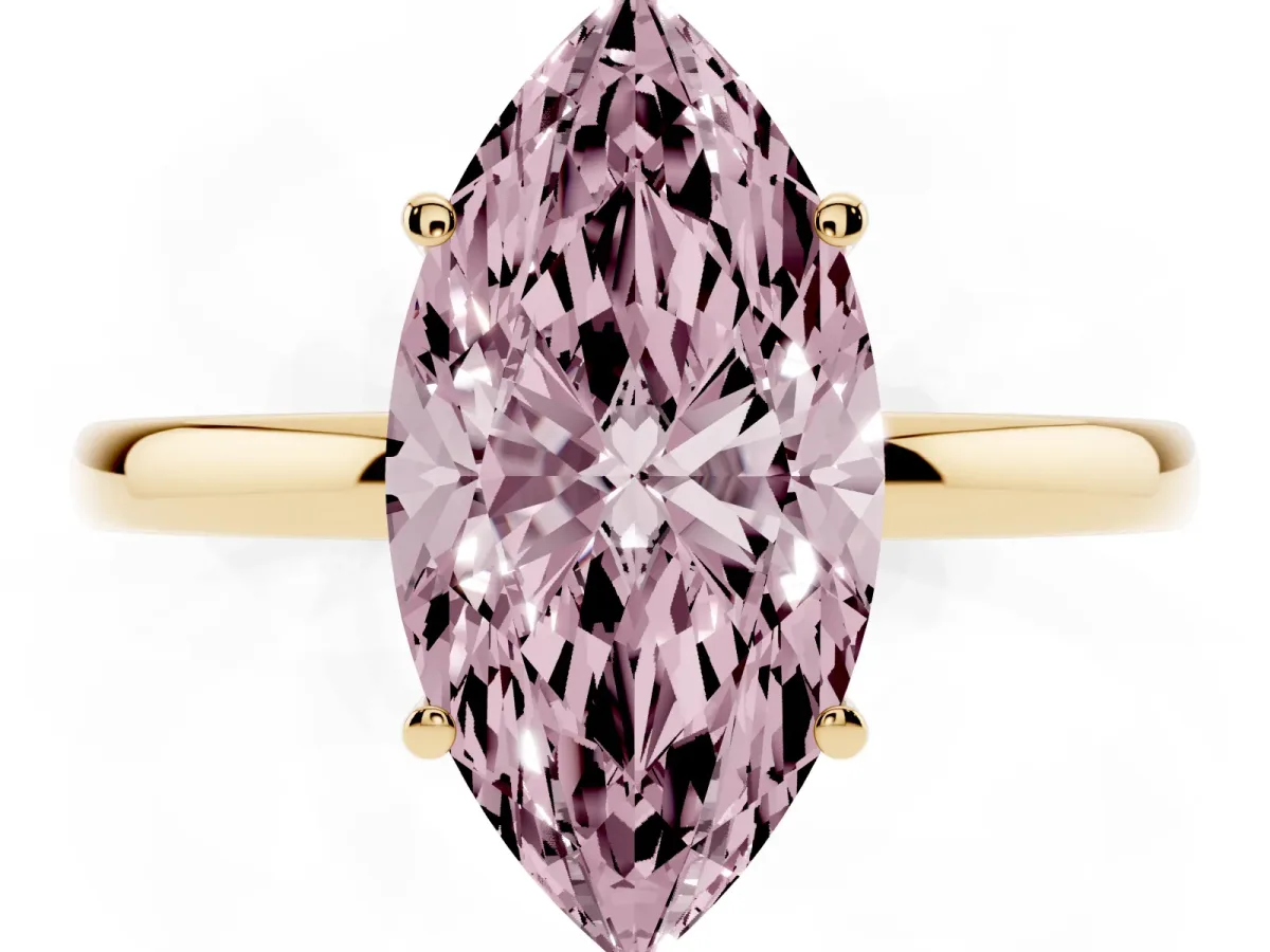 Fancy Pink Marquise Cut Solitaire Diamond Ring with Prong Setting and Plain Band Yellow gold