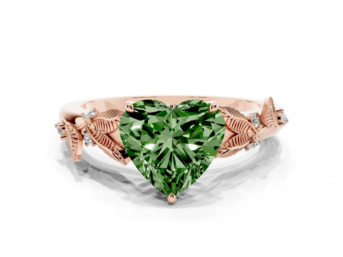 Fancy Green Heart Cut Diamond Solitaire Ring with Leaf Motif Band and Four-Prong Setting Rose gold