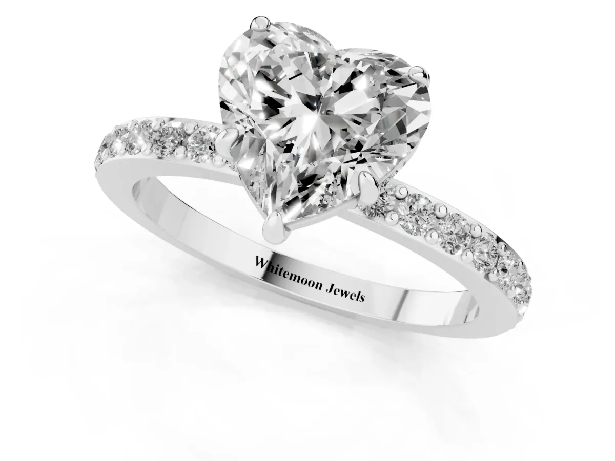 Heart Cut Diamond Pavé Engagement Ring with Round Accents and Prong Setting Silver