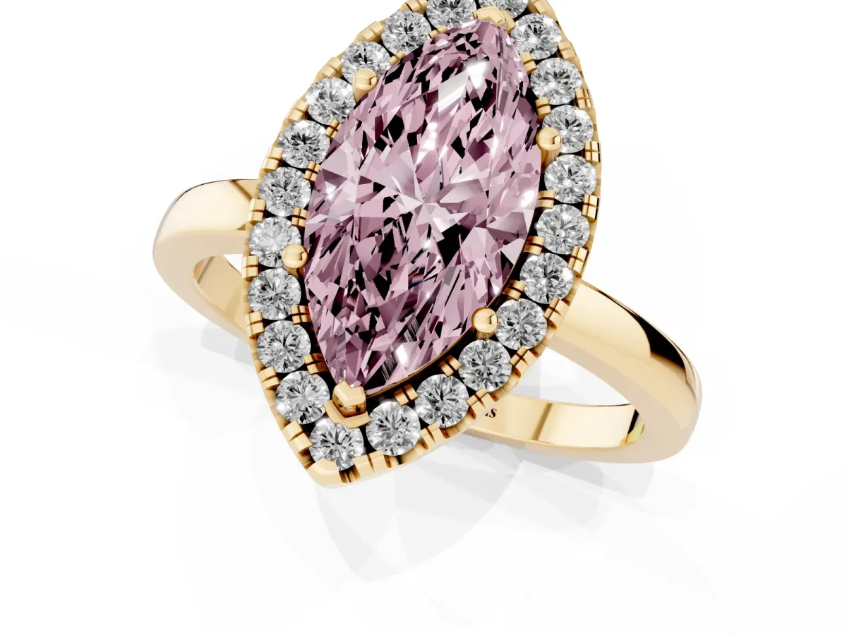 Fancy Pink Marquise Cut Halo Diamond Solitaire with Pavé Band and Four-Prong Setting Yellow gold