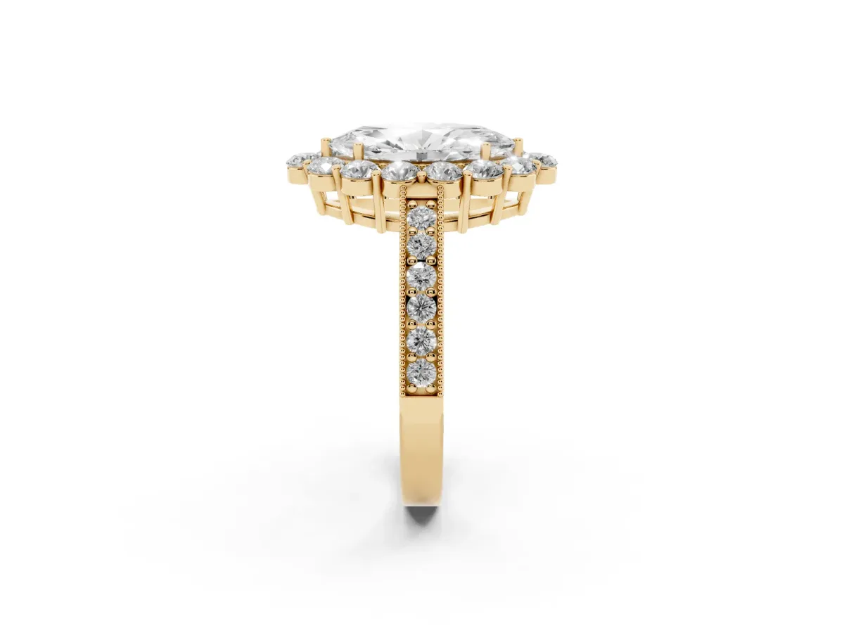 Marquise Cut Cut Halo Diamond Pavé Engagement Ring with Milgrain Detailing Yellow gold