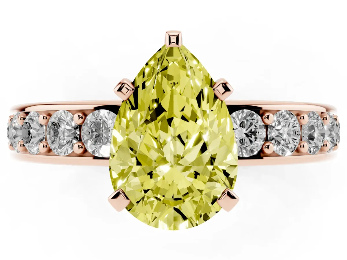 Fancy Yellow Pear Cut Diamond Engagement Ring with Channel Set Round Band and Prong Setting Rose gold