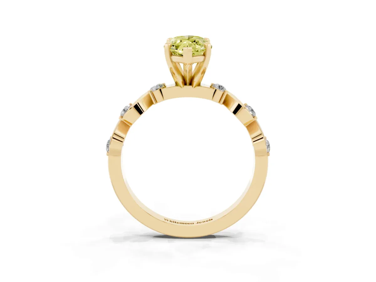 Fancy Yellow Marquise Cut Diamond Solitaire Twisted Band with Round Accents and Prong Setting Yellow gold
