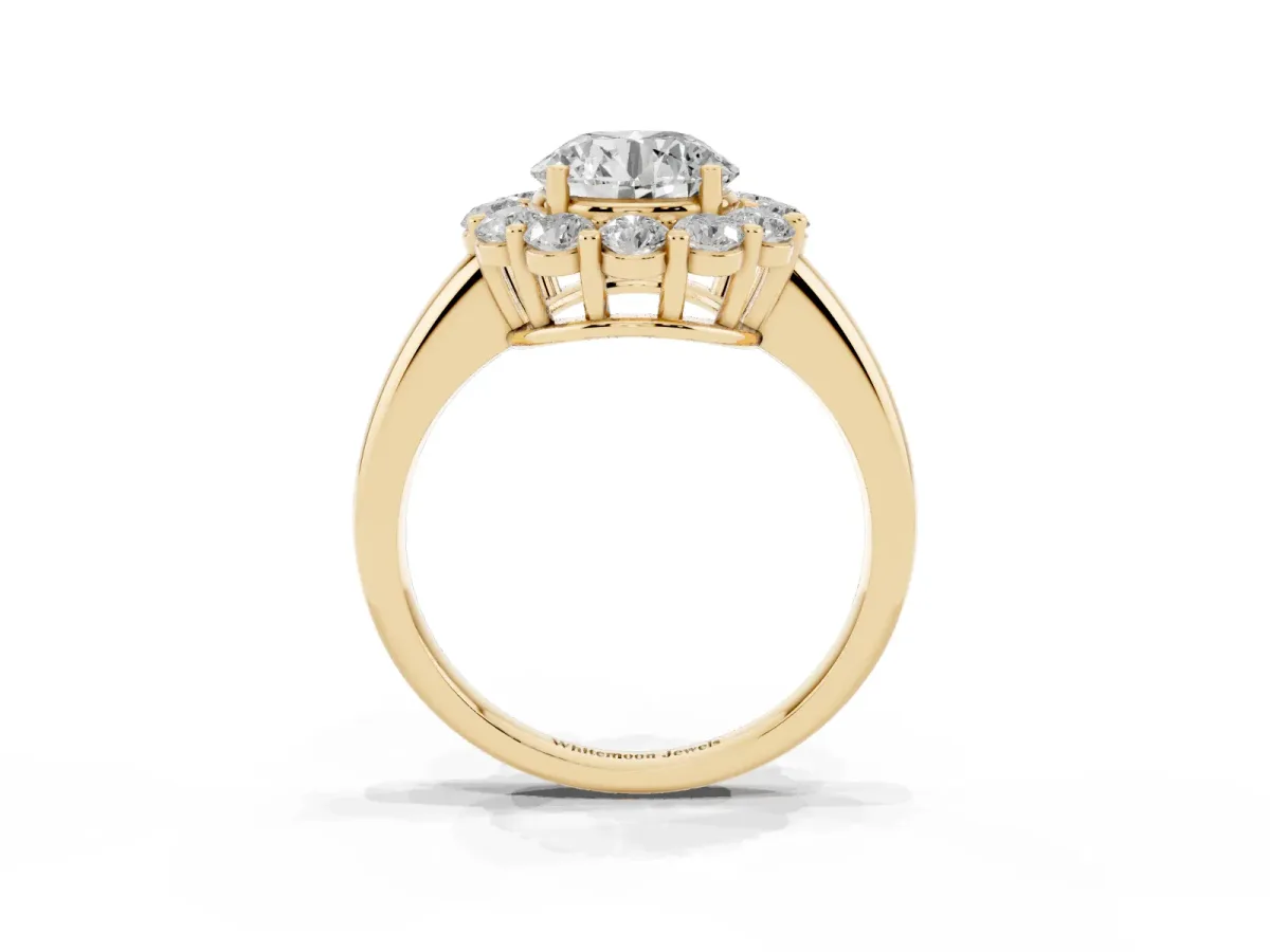 Round Cut Halo Cluster Diamond Engagement Ring with Prong Setting and Polished Band Yellow gold