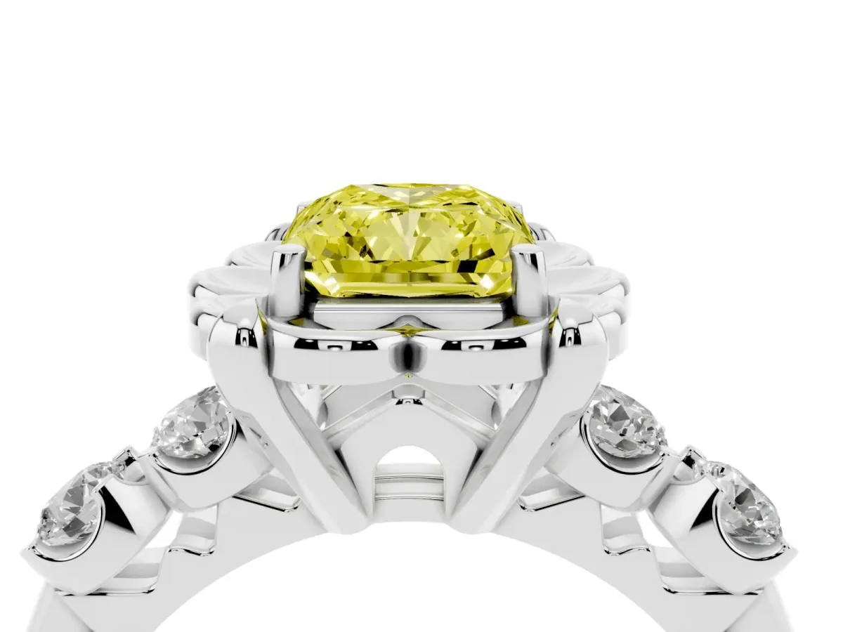 Fancy Yellow Radiant Cut Cut Diamond Floral Halo Engagement Ring with Shared Prong Setting White gold