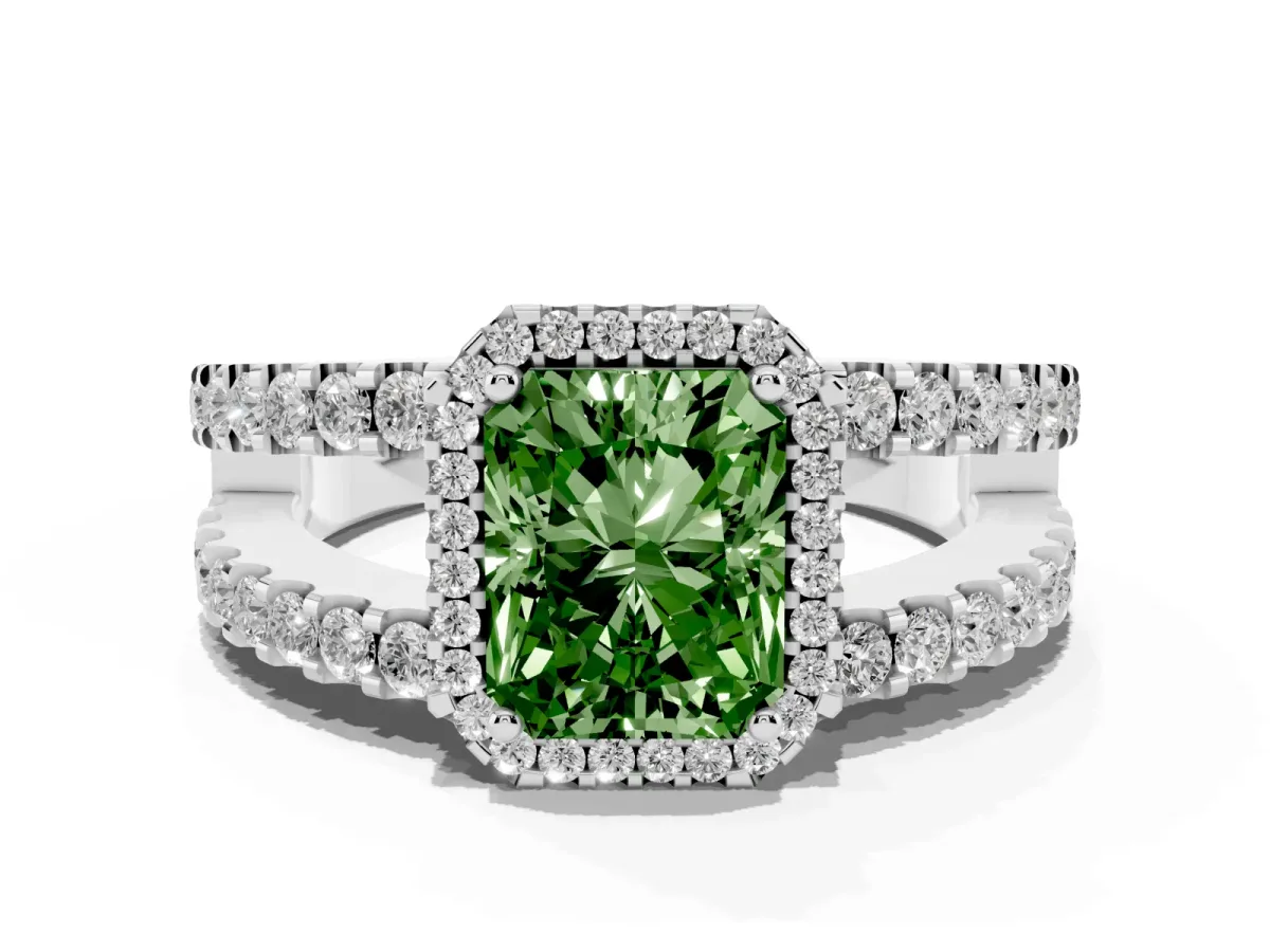 Fancy Green Radiant Cut Cut Halo Split Shank Diamond Ring with Four-Prong Setting Platinum