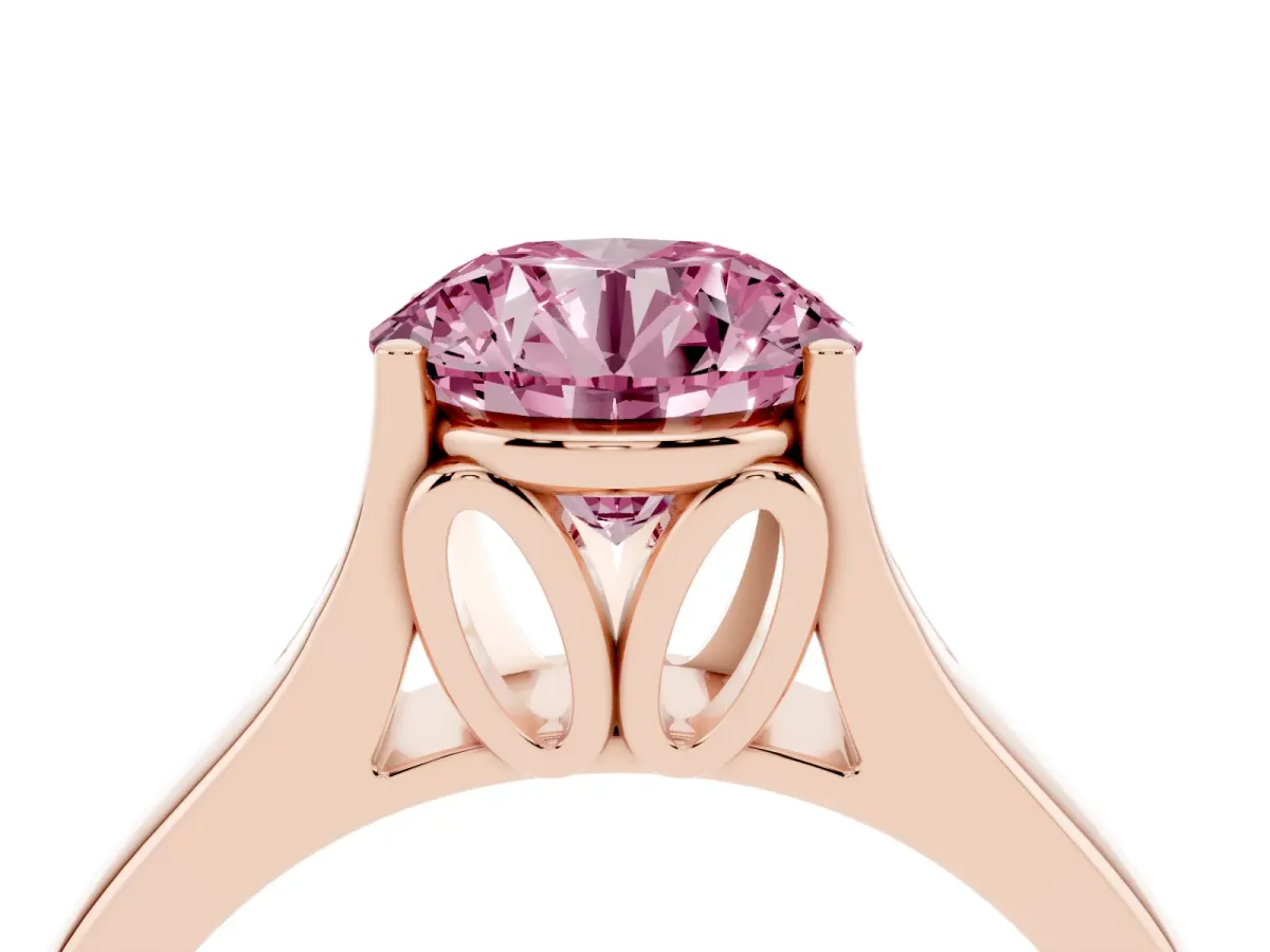 Fancy Pink Round Cut Solitaire Diamond Ring with Cathedral Band and Four-Prong Setting Rose gold