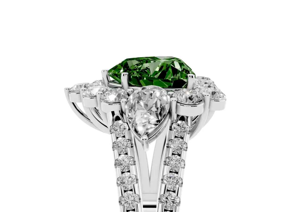 Fancy Green Heart Cut Halo Split Shank Diamond Engagement Ring with Prong Setting Silver
