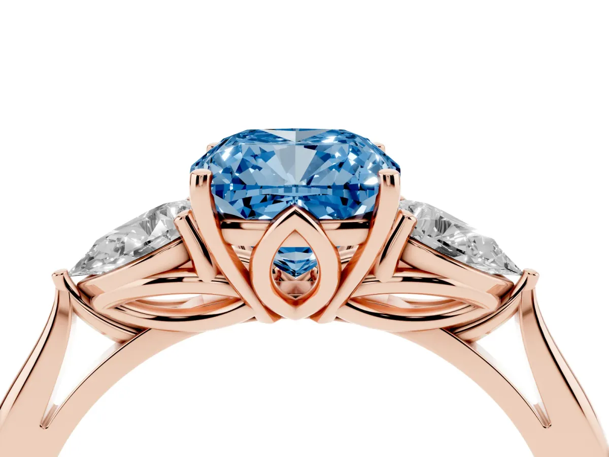 Fancy Blue Cushion Cut Diamond Three-Stone Ring with Pear Side Stones and Prong Setting Rose gold
