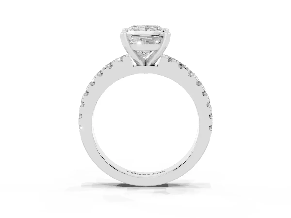 Princess Cut Solitaire Diamond with Pavé Band and Four-Prong Setting Silver