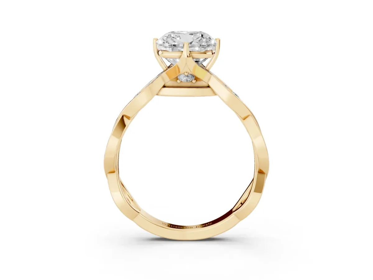 Cushion Cut Solitaire Twist Band with Leaf Prong Setting Yellow gold