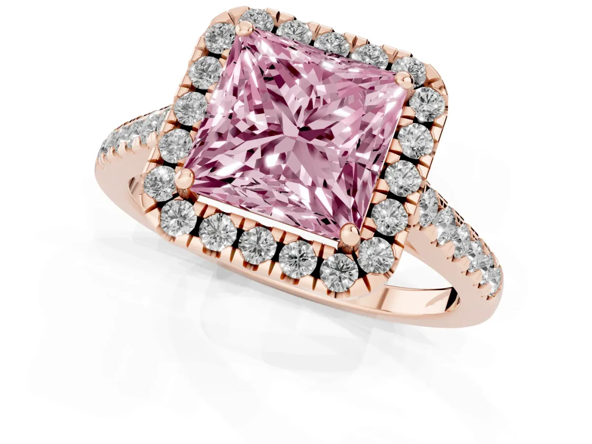Fancy Pink Princess Cut Halo Pave Diamond Engagement Ring with Four-Prong Setting Rose gold