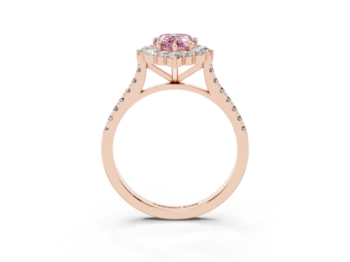 Fancy Pink Pear Cut Halo Diamond Ring with Pavé Band and Prong Setting Rose gold