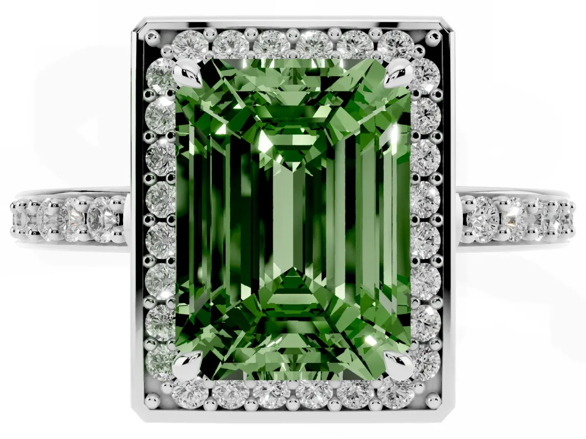 Fancy Green Emerald Cut Halo Pave Band Solitaire Ring with Prong Setting Silver