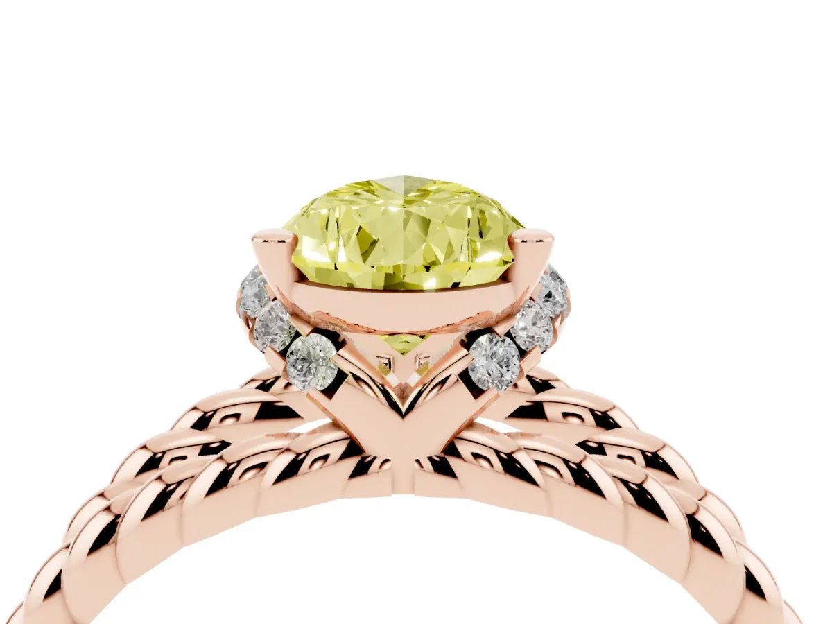 Fancy Yellow Pear Cut Halo Twisted Band Four-Prong Ring Rose gold