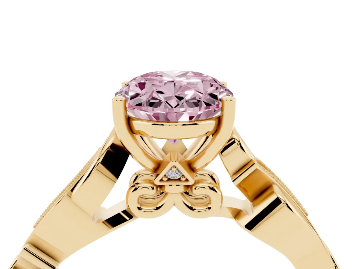 Fancy Pink Oval Cut Solitaire Vine Band with Milgrain Prong Setting Yellow gold