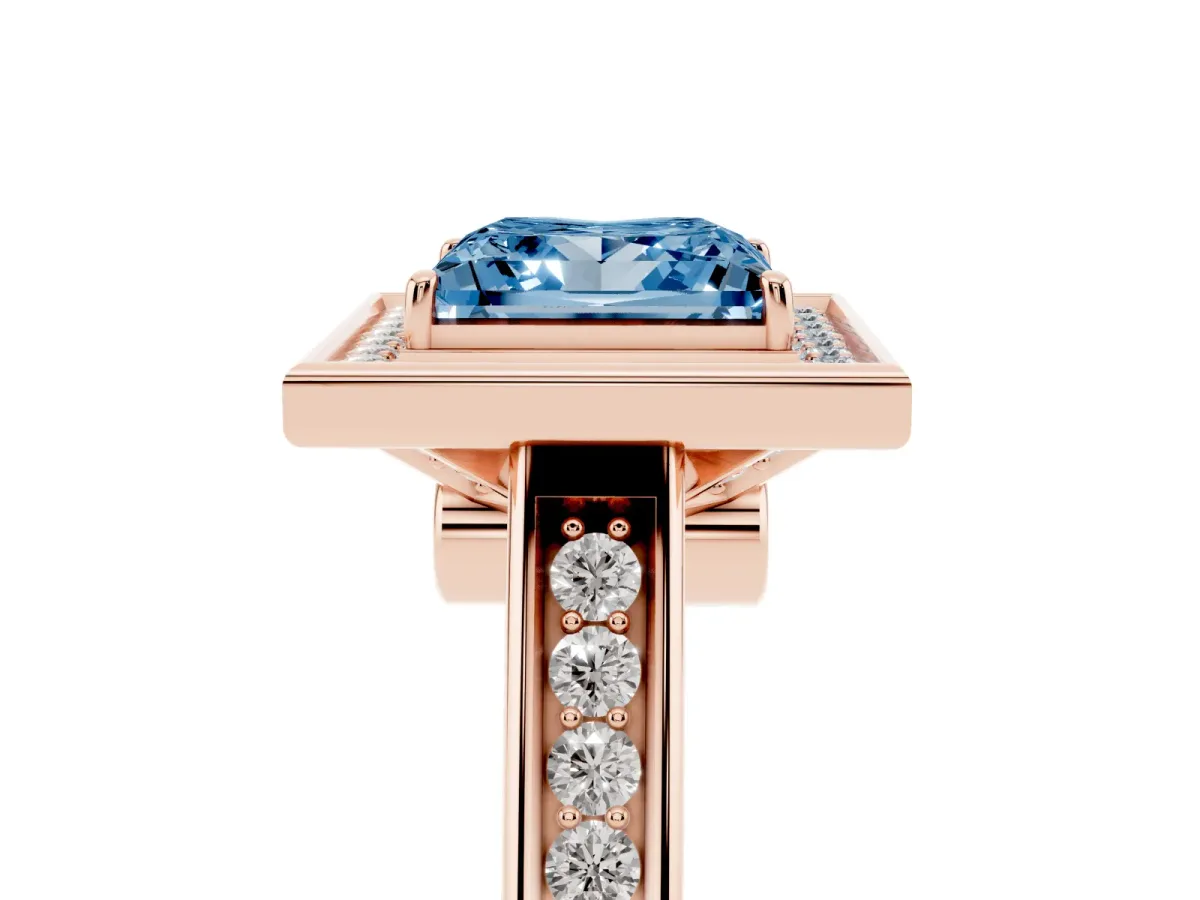 Fancy Blue Princess Cut Halo Solitaire Diamond Ring with Pave Band and Bezel Setting Rose gold