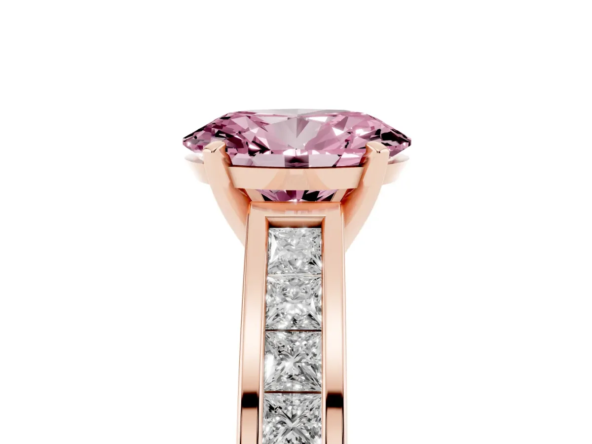 Fancy Pink Oval Cut Solitaire Diamond Ring with Channel-Set Band and Four-Prong Setting Rose gold