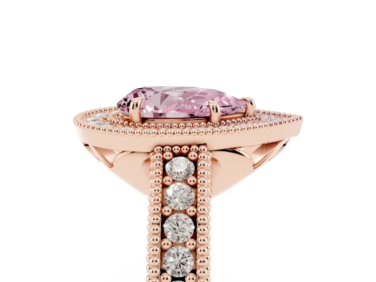 Fancy Pink Pear Cut Cut Halo Diamond Ring with Pavé Band and Four-Prong Setting Rose gold