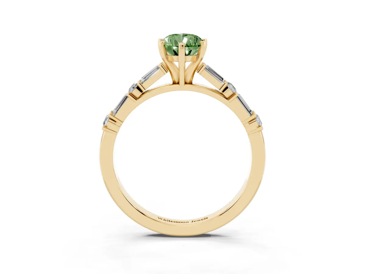 Fancy Green Pear Cut Diamond Solitaire with Side Baguettes and Channel Set Band Yellow gold